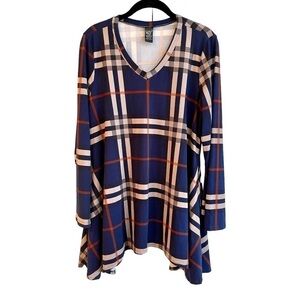 LILDY, PLAID HANDKERCHIEF HEM TUNIC. LONG FLARE SLEEVE & V-NECK. SIZE S/M